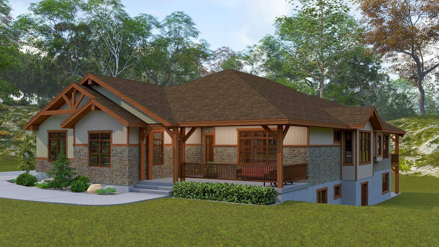 House plan exterior: Ranch style with stone and siding, prominent wood beams, covered porch with railing, and multiple gables.