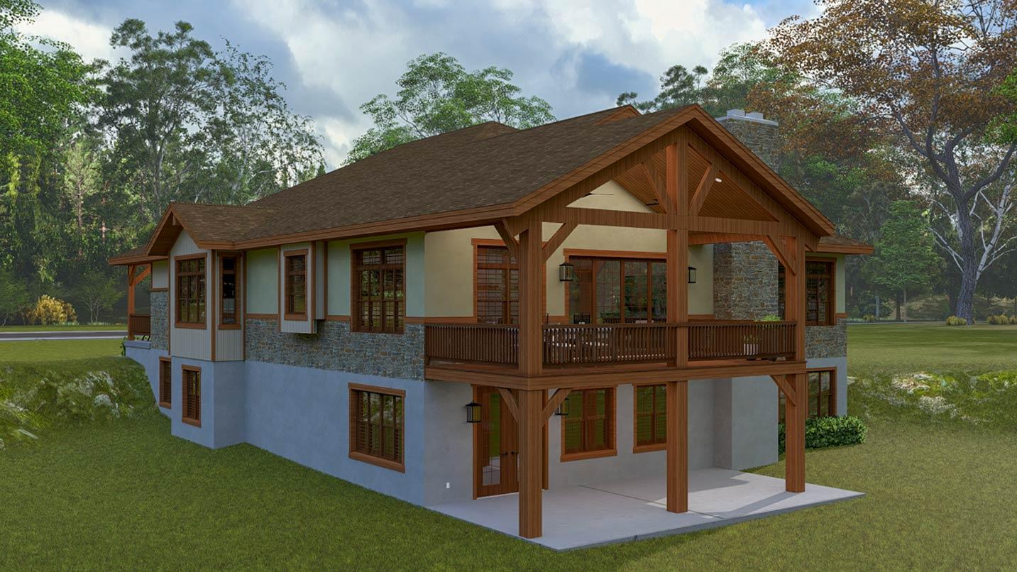 House plan exterior with stone and wood accents, large covered deck, and exposed timber framing.