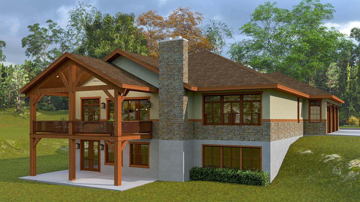 House plan exterior with a covered deck supported by timber posts, stone facade, and exposed rafter tails.