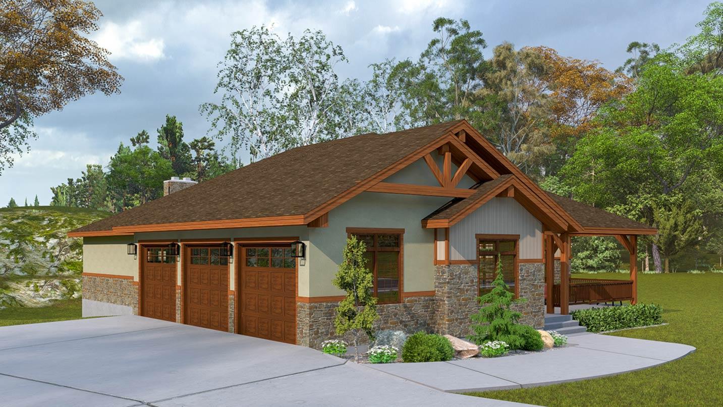 House plan exterior: Modern design with triple garage, covered porch, exposed beam gable, and stone and stucco siding.