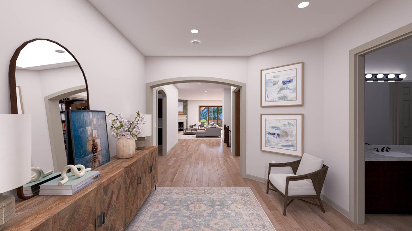 Interior rendering of a hallway with arched doorways leading to a living area and a bathroom, featuring a console table and chair.