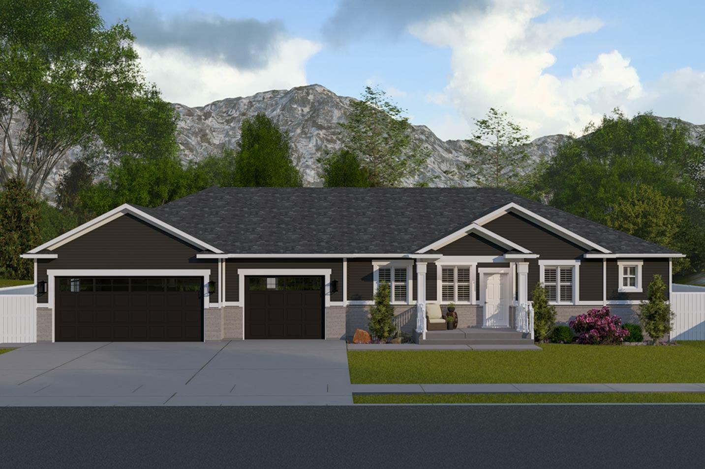 House plan exterior. Ranch style with a two-car garage, front porch with columns, and gable rooflines.