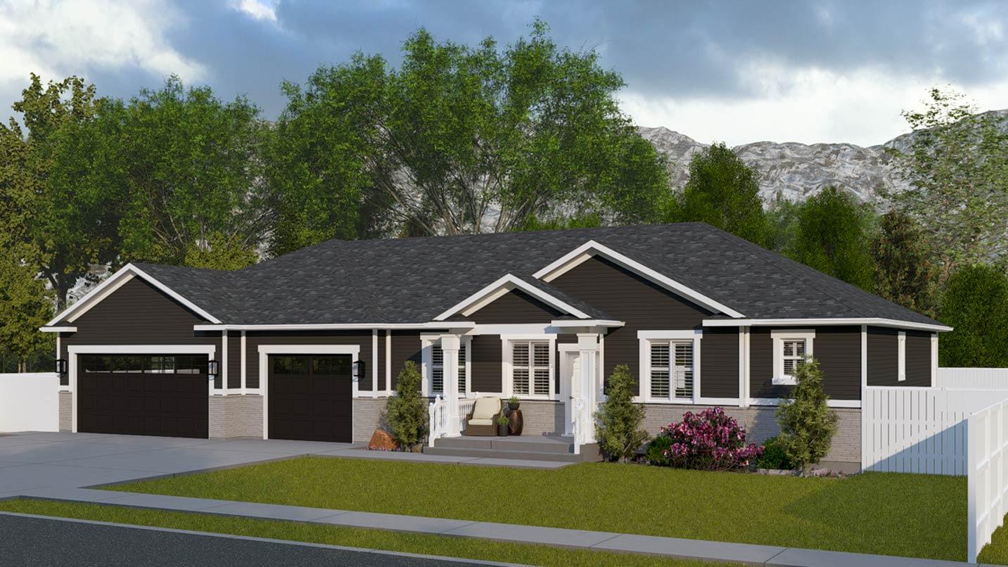 Ranch house plan exterior with a dark horizontal siding, stone accents, prominent gables, and a two-car garage.