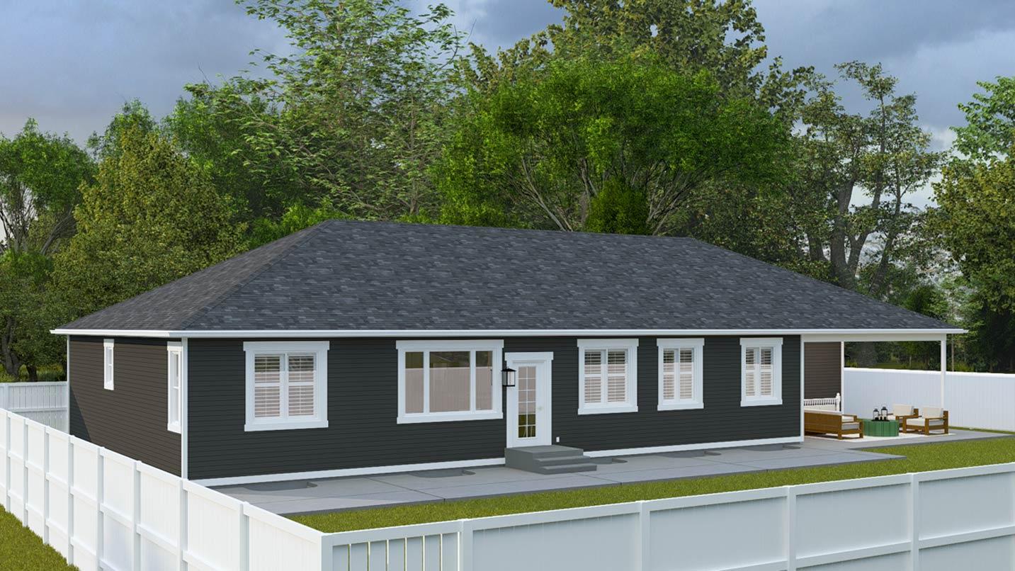 Ranch house plan exterior with dark siding, white trim, multiple windows, a covered patio, and a pitched asphalt shingle roof.