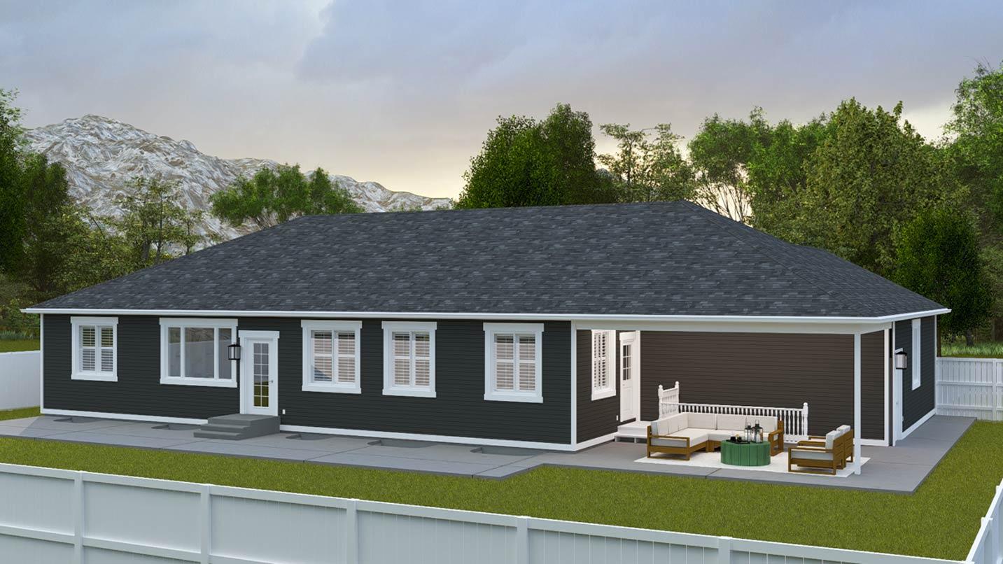 Ranch house plan exterior with a large dark roof, multiple white-trimmed windows, a covered patio, and attached garage.