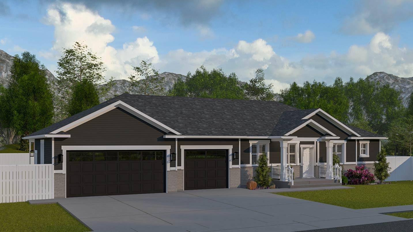 House plan exterior: single-story Modern Farmhouse with a prominent gabled roof, a covered front porch, and a three-car garage.