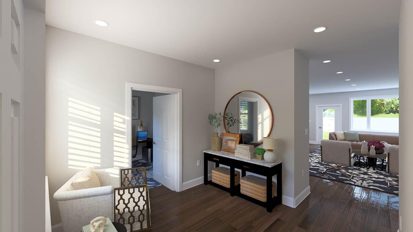 Interior rendering of an entryway with a console table, mirror, and doorway to a living area with large windows.