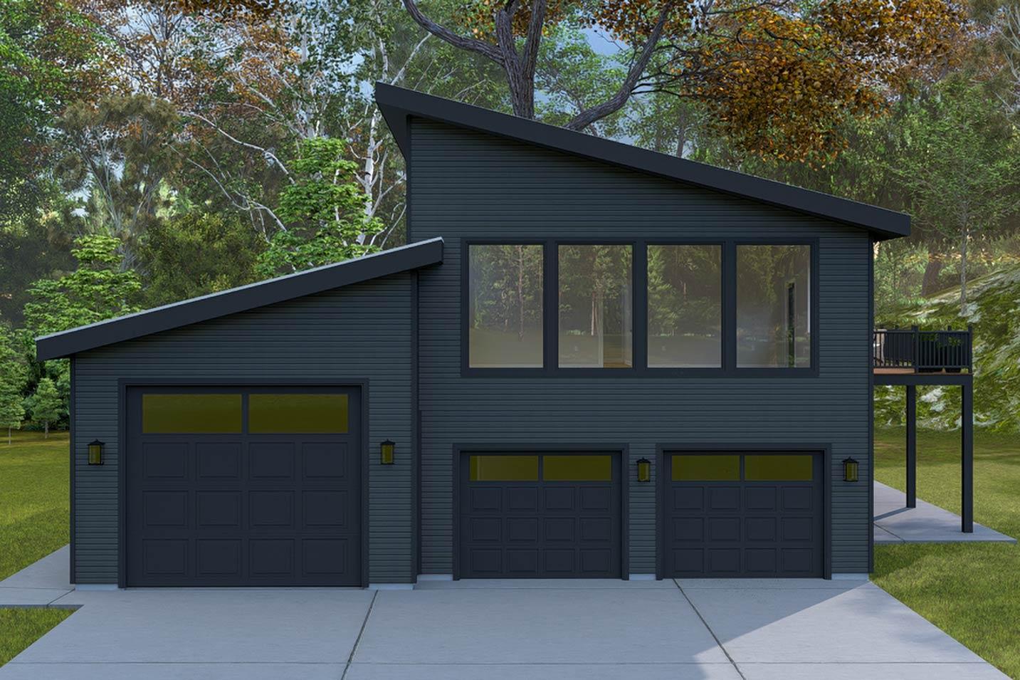 House plan exterior with modern design. Features include a two-car garage, clerestory windows, and a cantilevered balcony.
