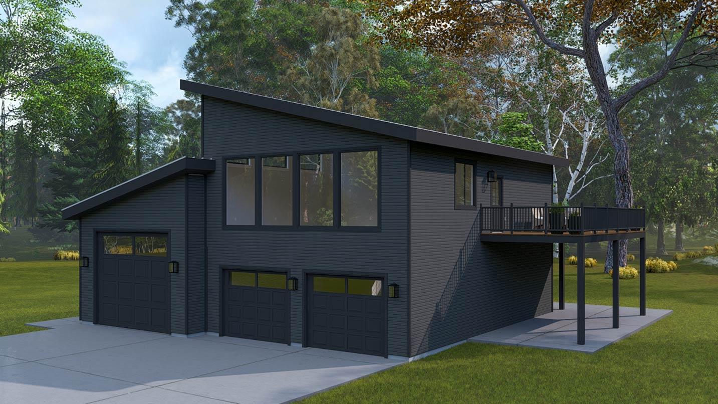 Modern house plan exterior with a steeply pitched roof, three garage doors, and a large second-story deck.