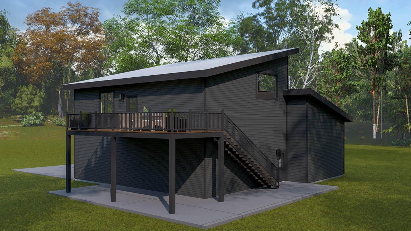 Modern house plan exterior with asymmetrical roofline, elevated deck with railing, and exterior stairs. Two stories.