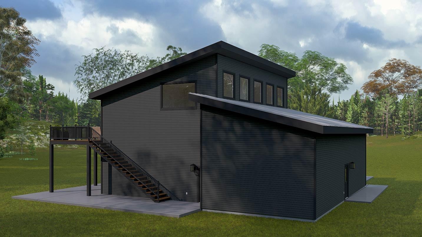 Modern house plan exterior with dark siding, a cantilevered deck with stairs, and multiple asymmetric rooflines.