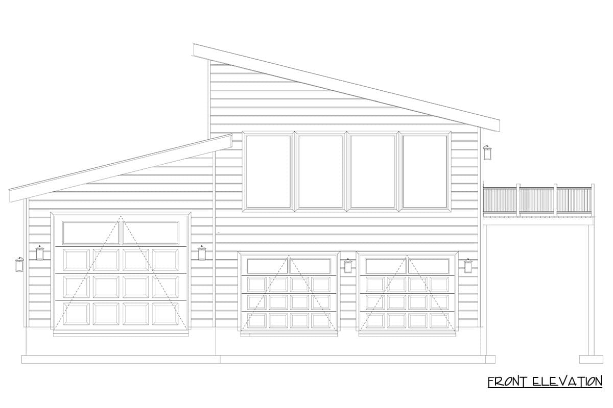 Front elevation of a house plan with a sloped roof, three garage doors, and a second-story deck.