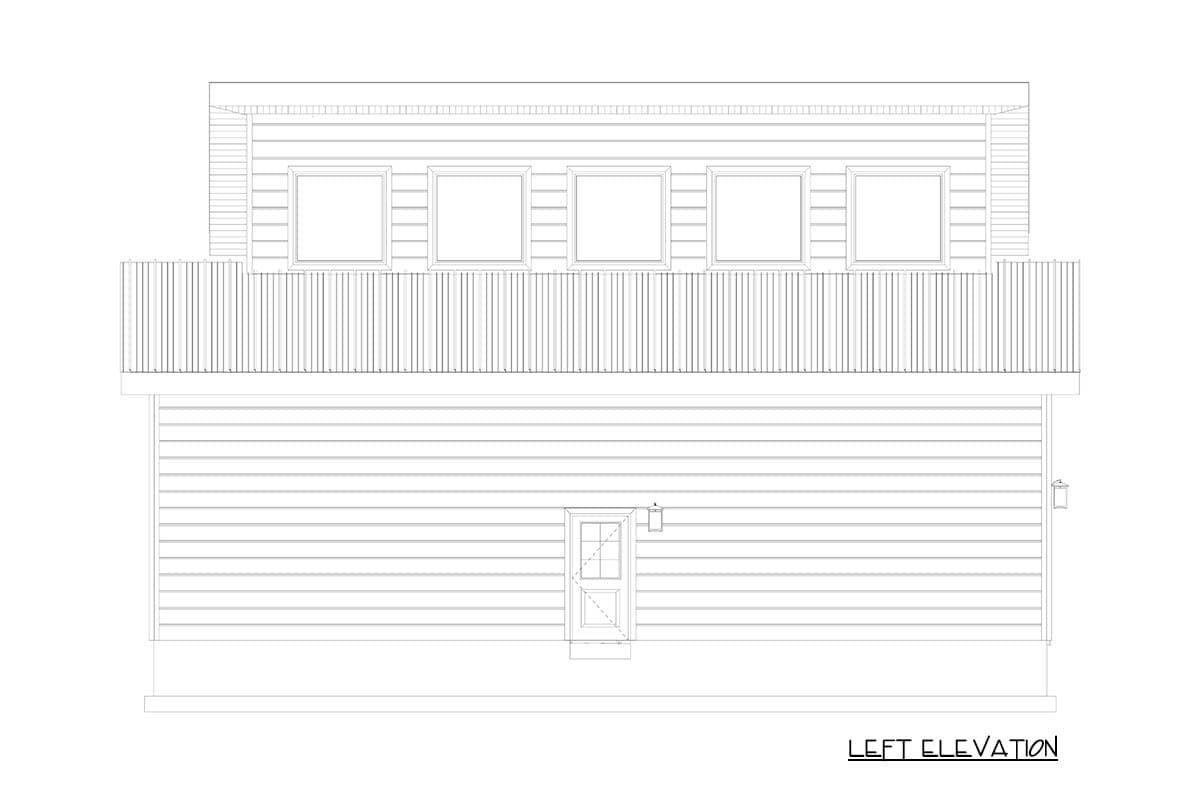 Left elevation drawing of a house plan showing horizontal siding, a central door, a second-story balcony, and five windows.