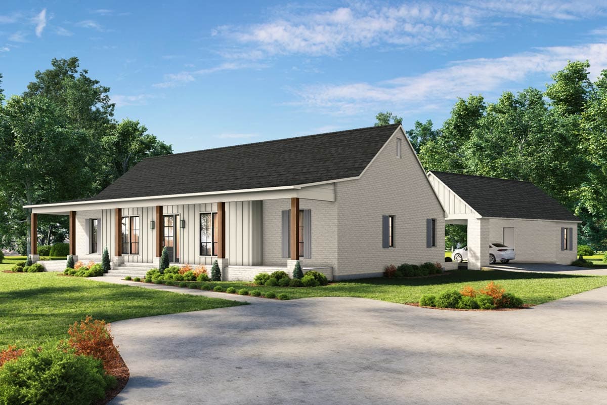 House plan exterior. A single-story, Modern Farmhouse style home with a front porch, gabled roof, and attached carport/garage.