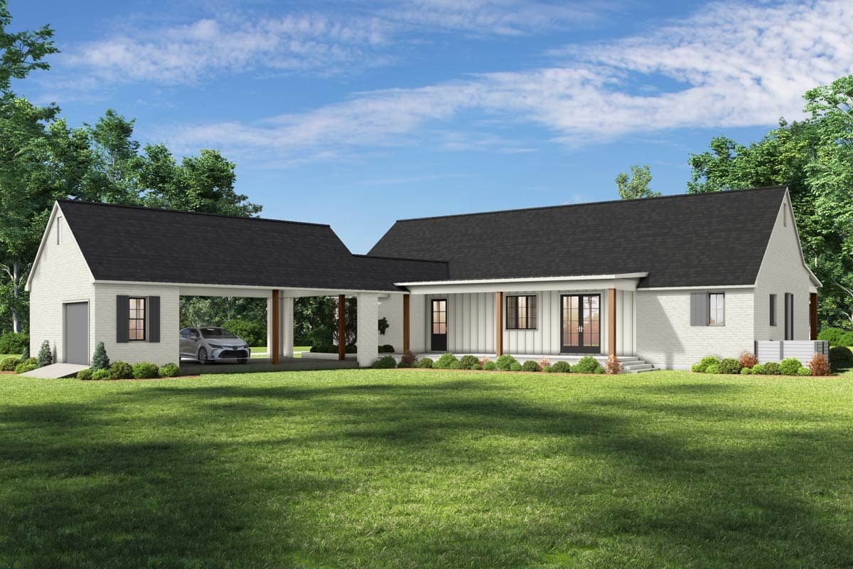 House plan exterior with carport, covered entry porch, and black gabled roof. Features include board and batten siding and garage with a side entry.
