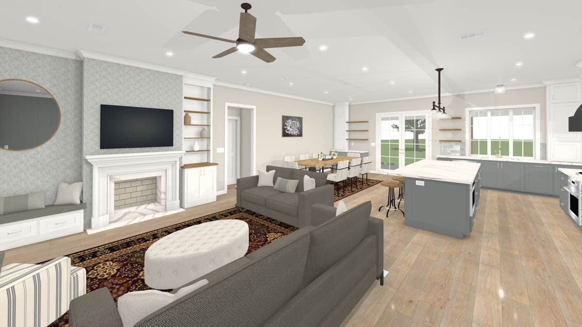Interior rendering of an open-concept living area with a fireplace, kitchen island, and dining table, with large windows.