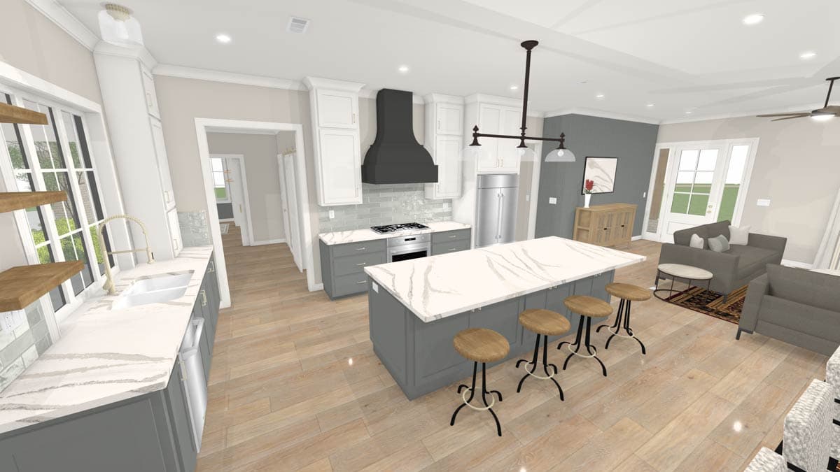 House plan rendering of a kitchen with a large island, stainless steel appliances, and an open layout to a living area with a sofa.