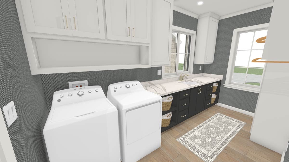 Laundry room rendering with white appliances, cabinetry, countertop with sink, and open shelving. Includes window and patterned rug.