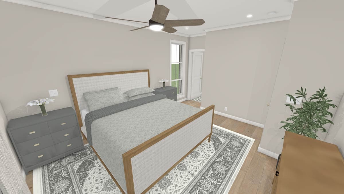 Bedroom rendering with a bed, dresser, and ceiling fan. Features include a neutral color palette, wood flooring, and a patterned rug.