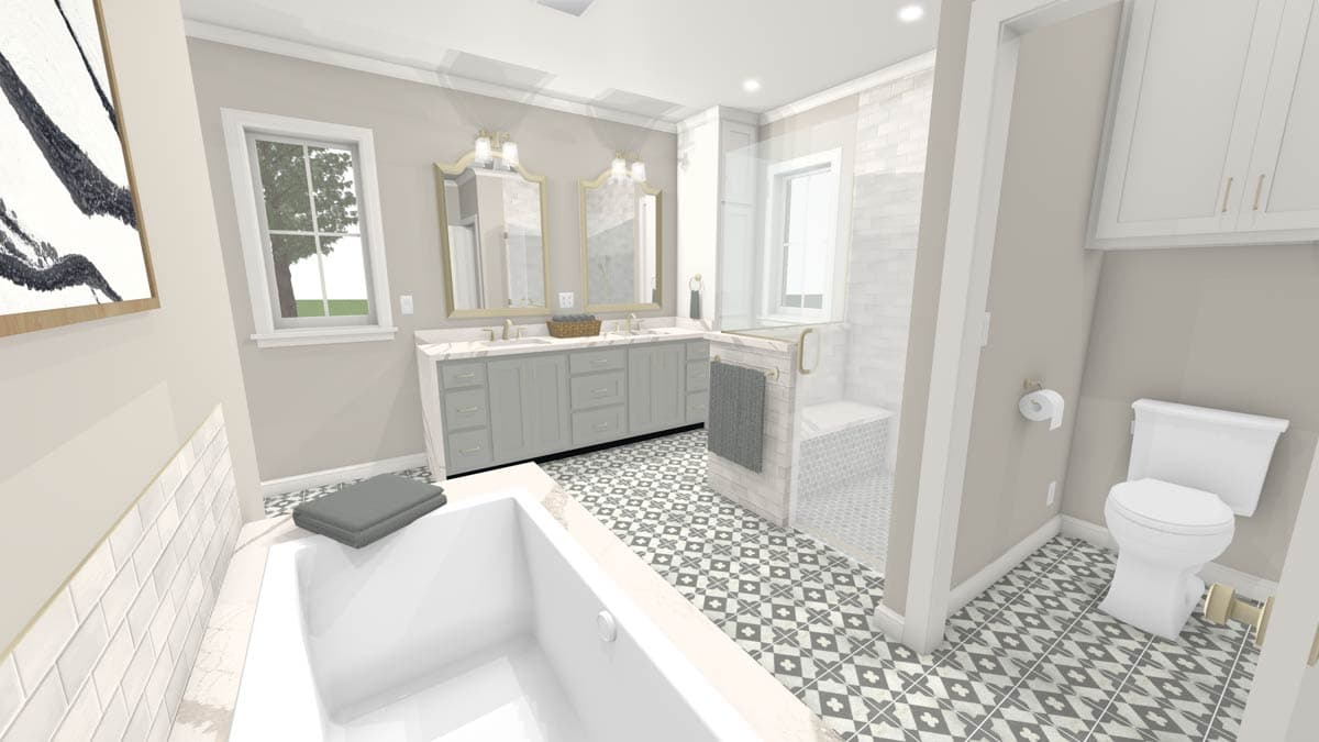 Bathroom rendering with double vanity, free-standing tub, and walk-in shower. Features patterned floor tile and recessed lighting.