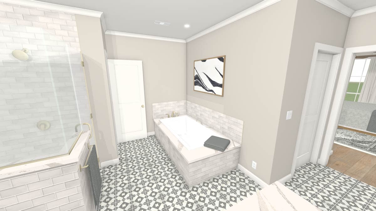 Bathroom rendering featuring a rectangular tub, tiled backsplash, a glass shower enclosure, and patterned tile flooring.