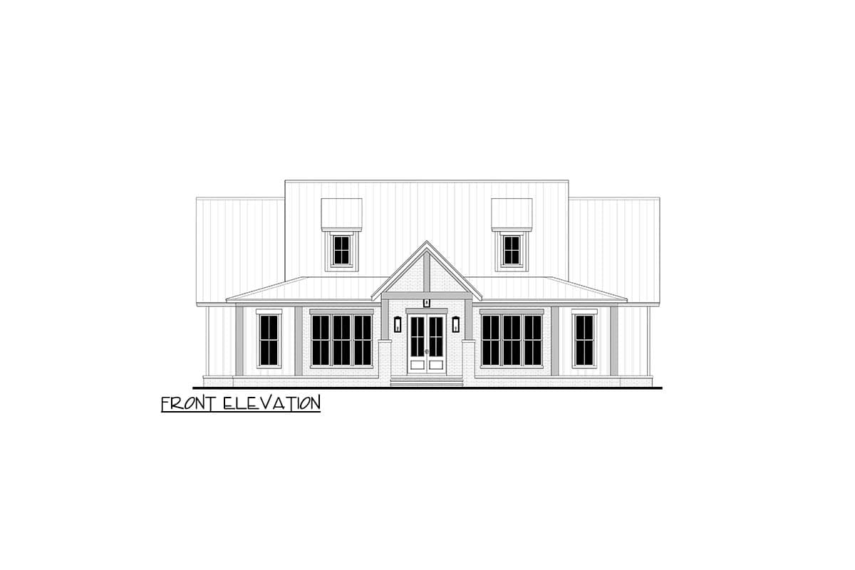 House plan front elevation, two stories. Features include a porch, gables over the entry, and dormers. Board and batten siding visible.
