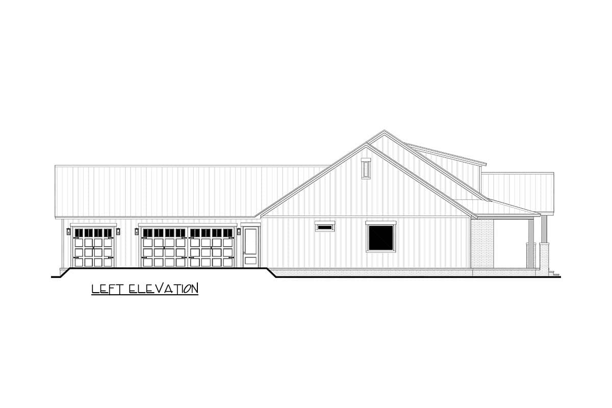 House plan exterior, left elevation, with a gable roof, two-car garage, and covered porch. The design features a modern farmhouse style.