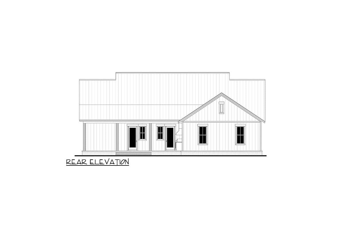 House plan rear elevation. Features include a gable roof, porch, and multiple rectangular windows. Vertical siding is shown.