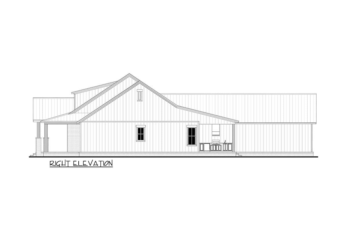 Right elevation house plan showing a gable roof, porch, and a rear outdoor kitchen area. Includes a side-entry porch and multiple windows.
