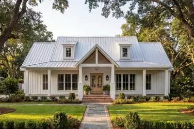 Single Story Modern Farmhouse House Plan with 3-Car Garage and Workshop