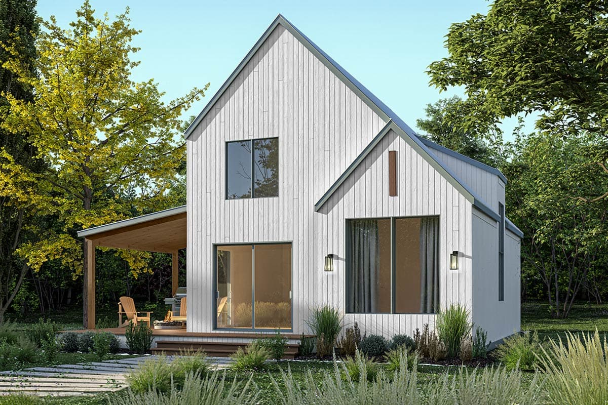 House plan exterior: Modern Farmhouse style, two stories, board-and-batten siding, gabled roof, covered porch, and large windows.