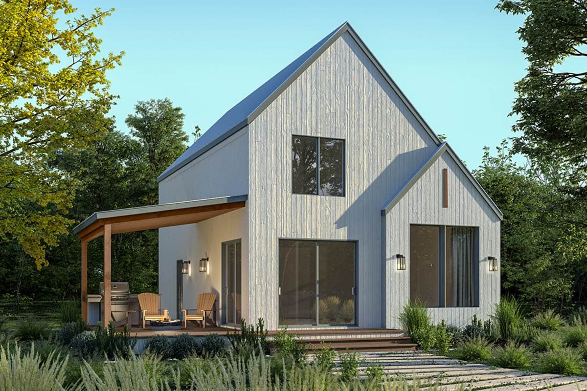 House plan exterior. Two-story Modern Farmhouse with a gable roof, covered porch, and board and batten siding. Large windows and entry.