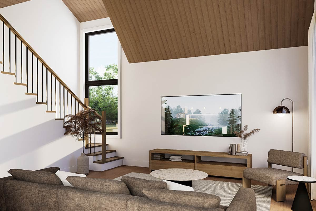 Living room rendering with vaulted wood ceiling, modern staircase, large window, and entertainment center.