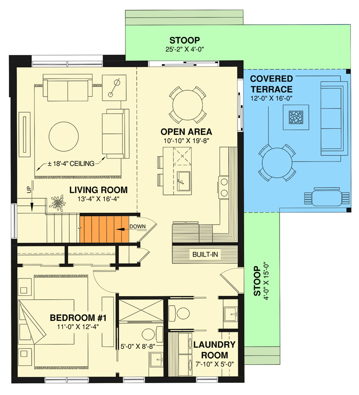 Plan 22741DR: Scandinavian Cottage House Plan with 3 Bedrooms and Open Concept Living - Floor Plan - Main Level - Contemporary, Cottage, Mid Century Modern, Scandinavian