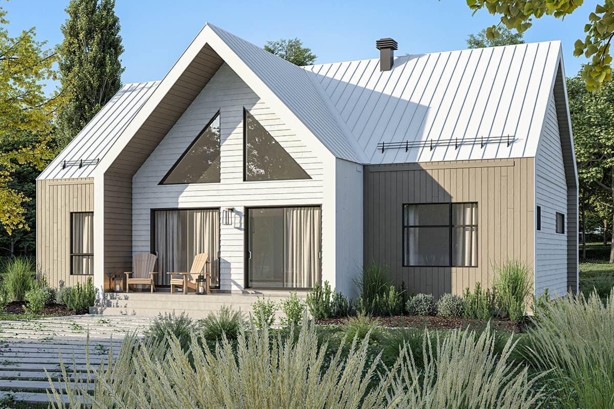House plan exterior. Modern farmhouse style with gabled roof, triangle windows, and a porch with sliding glass doors.