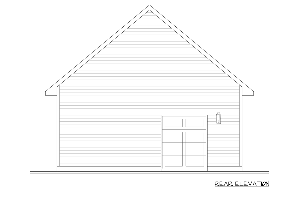 Rear elevation drawing showing a house plan with horizontal siding, a large garage door, and a single exterior light.