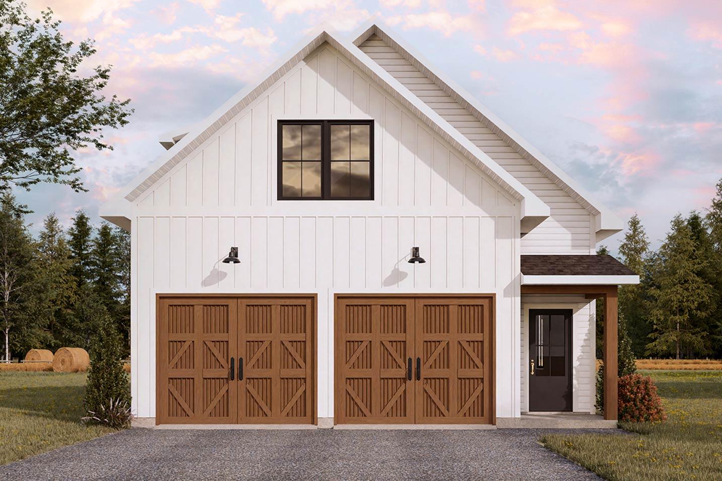 House plan exterior. Modern Farmhouse style with two-car garage, gable roof, and covered entry porch. Features board and batten siding.