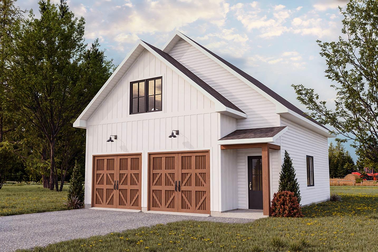 Modern Farmhouse house plan exterior with a two-car garage, board and batten siding, and a covered entry.