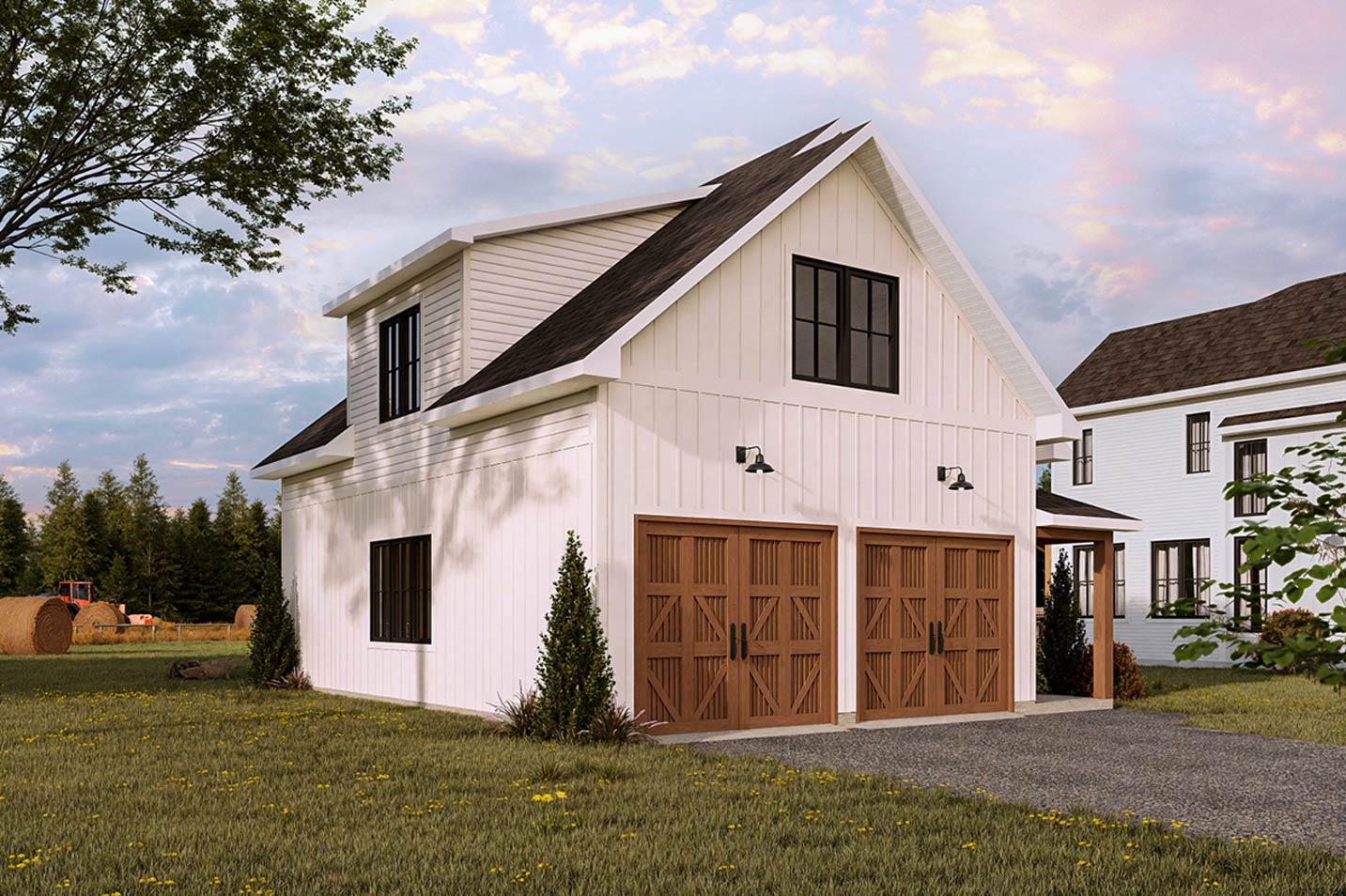 Modern Farmhouse style house plan exterior with two garage doors, second-story dormer, and white board and batten siding.