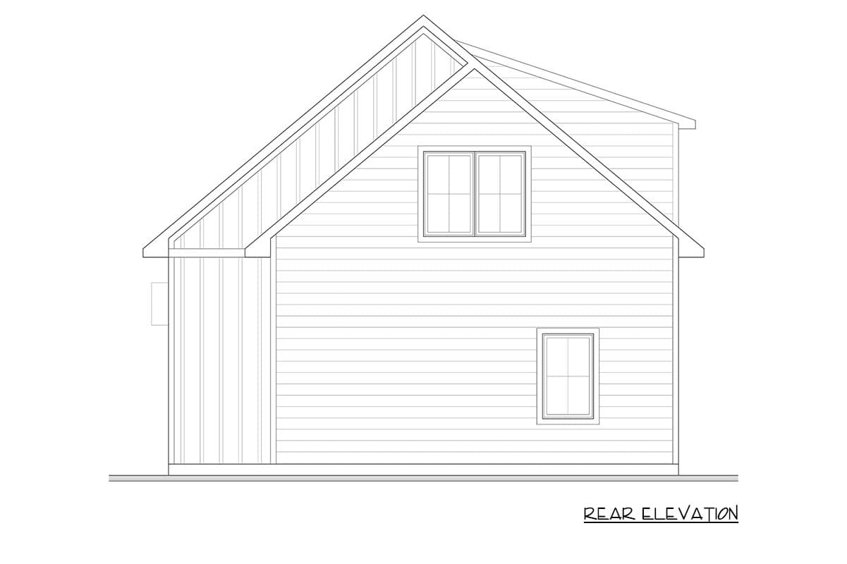 Rear elevation drawing of a two-story house plan showing horizontal siding, gable roof, and two windows.