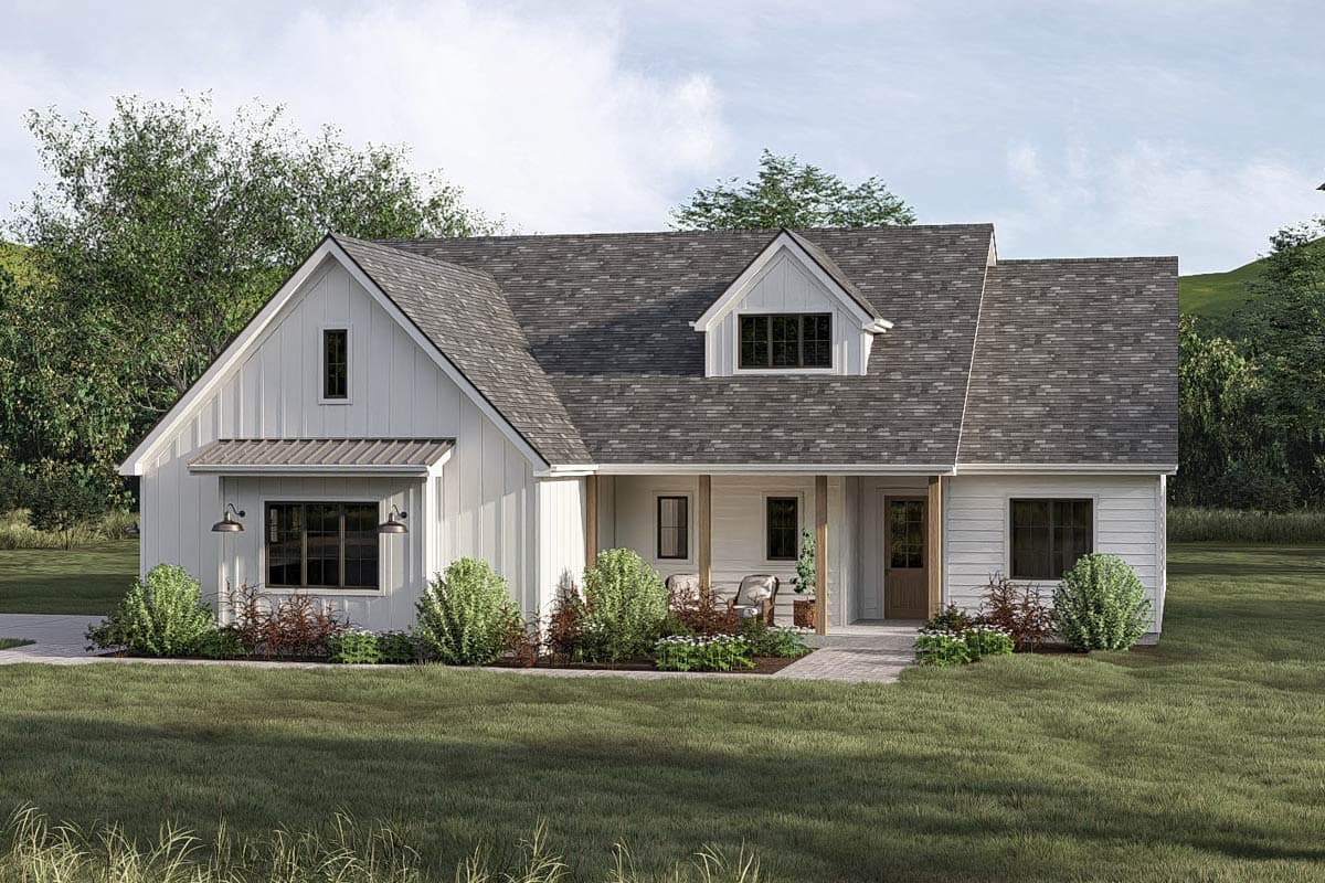 Modern Farmhouse house plan exterior with board and batten siding, gables, dormer, and covered porch.