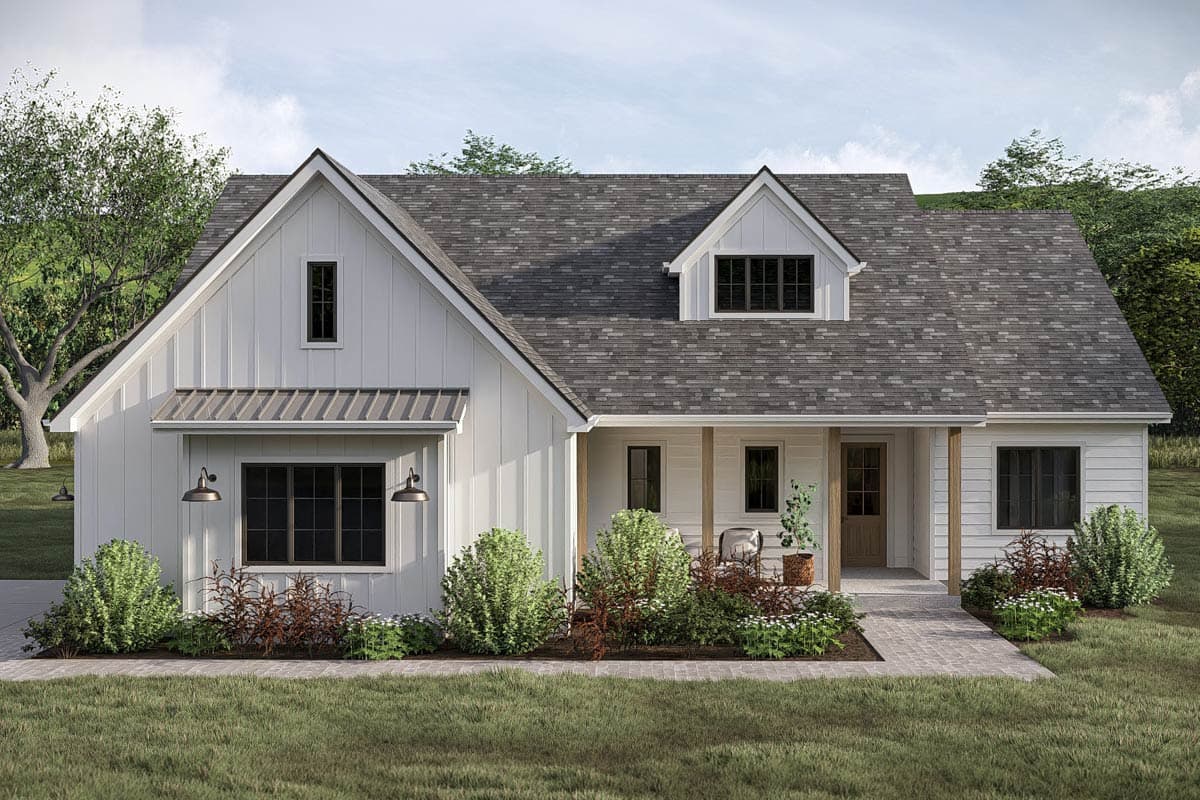 Modern Farmhouse house plan exterior with board and batten siding, gables, metal roof overhang, and covered porch.