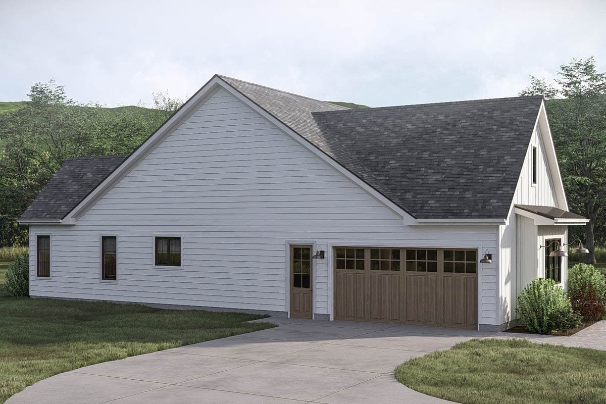 House plan exterior: Modern Farmhouse style, one-story with a two-car garage, front-facing gable, and a covered entry.