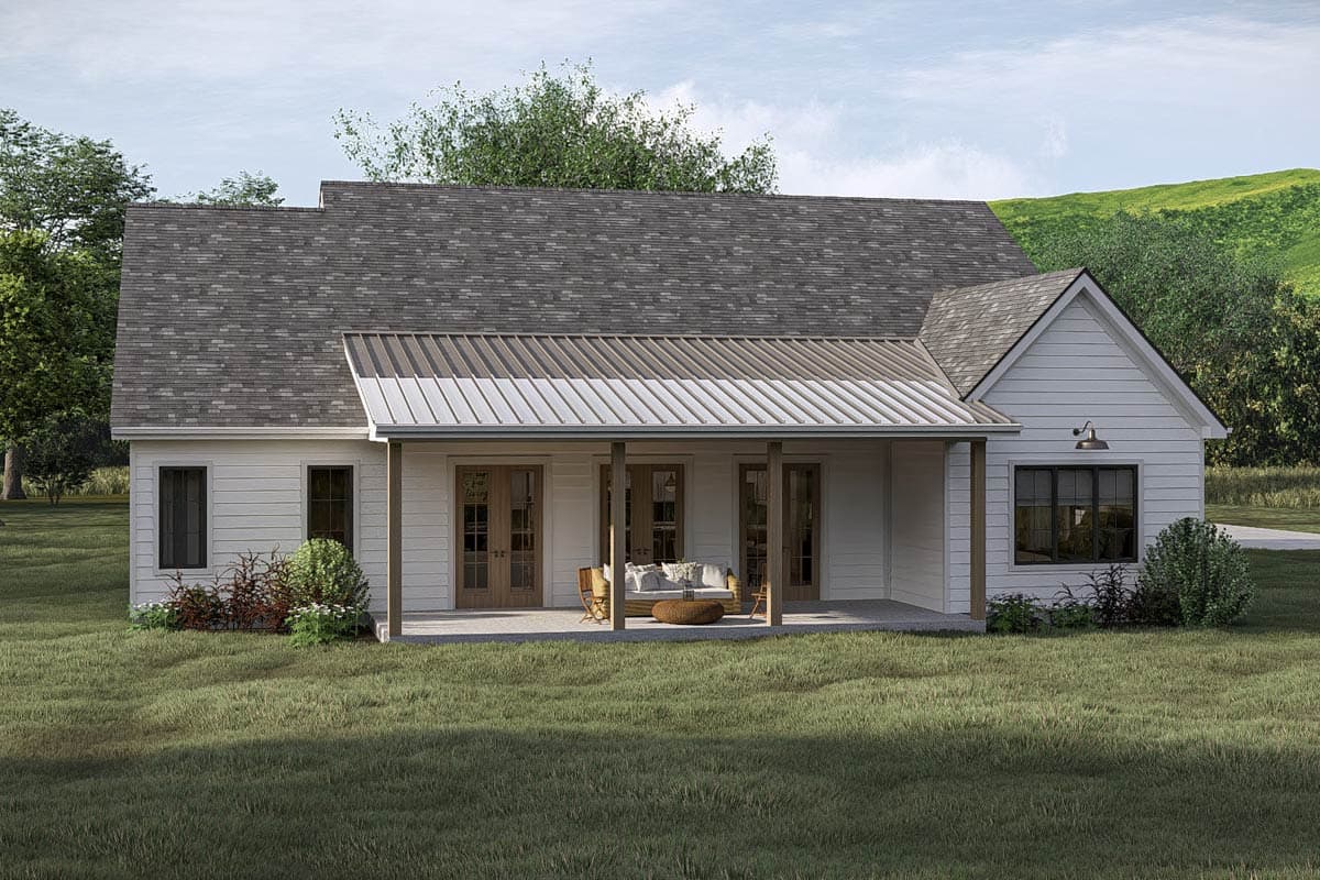 House plan exterior: Modern Farmhouse style, one story, with covered porch, gabled roof, and board and batten siding.
