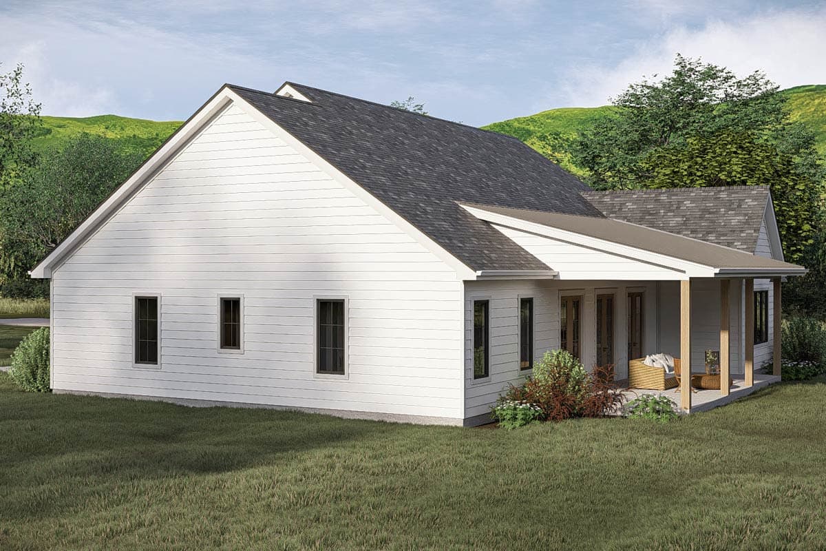 House plan exterior: One-story Modern Farmhouse with a covered porch, gabled roof, and horizontal siding.