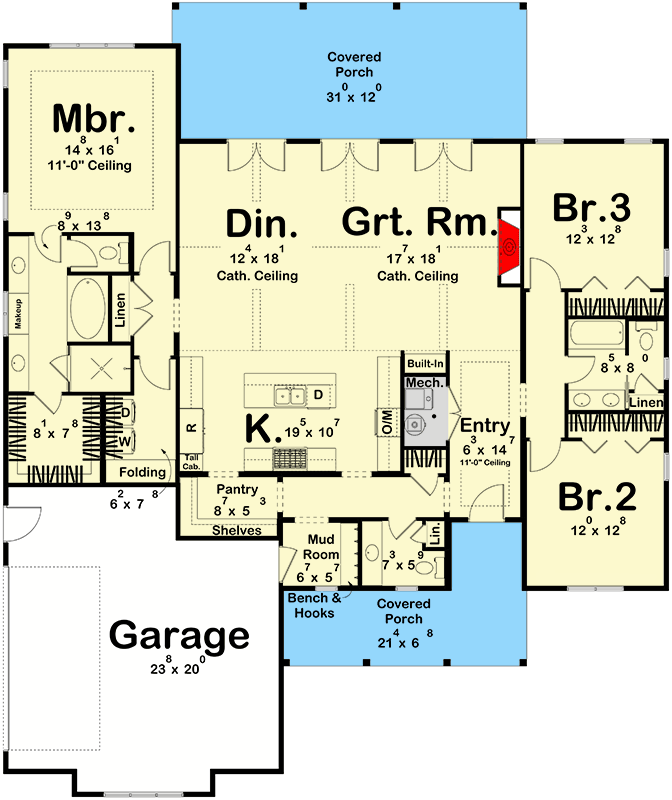 Plan 623604DJ: Modern Farmhouse House Plan with 3 Bedrooms and Split Bedroom Layout - Floor Plan - Main Level - Farmhouse, Modern Farmhouse