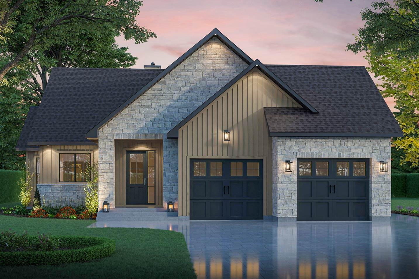 House plan exterior with stone veneer and board-and-batten siding. Features include a gable roof, two-car garage, and a covered entry.