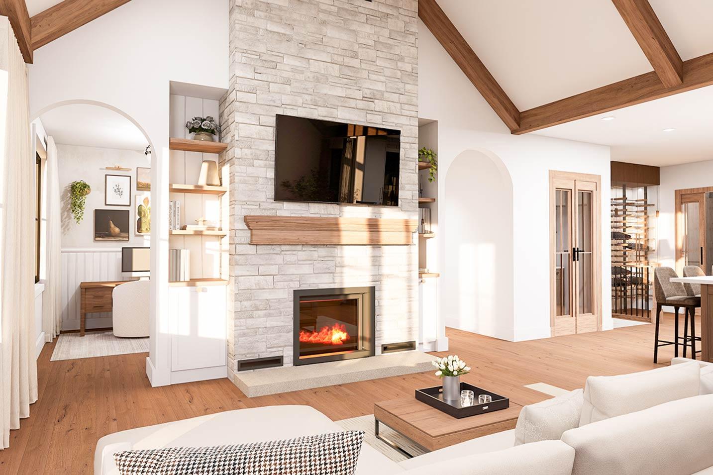 Great room with vaulted ceiling, exposed beams, and stone fireplace with mounted TV. Archway leads to office nook.