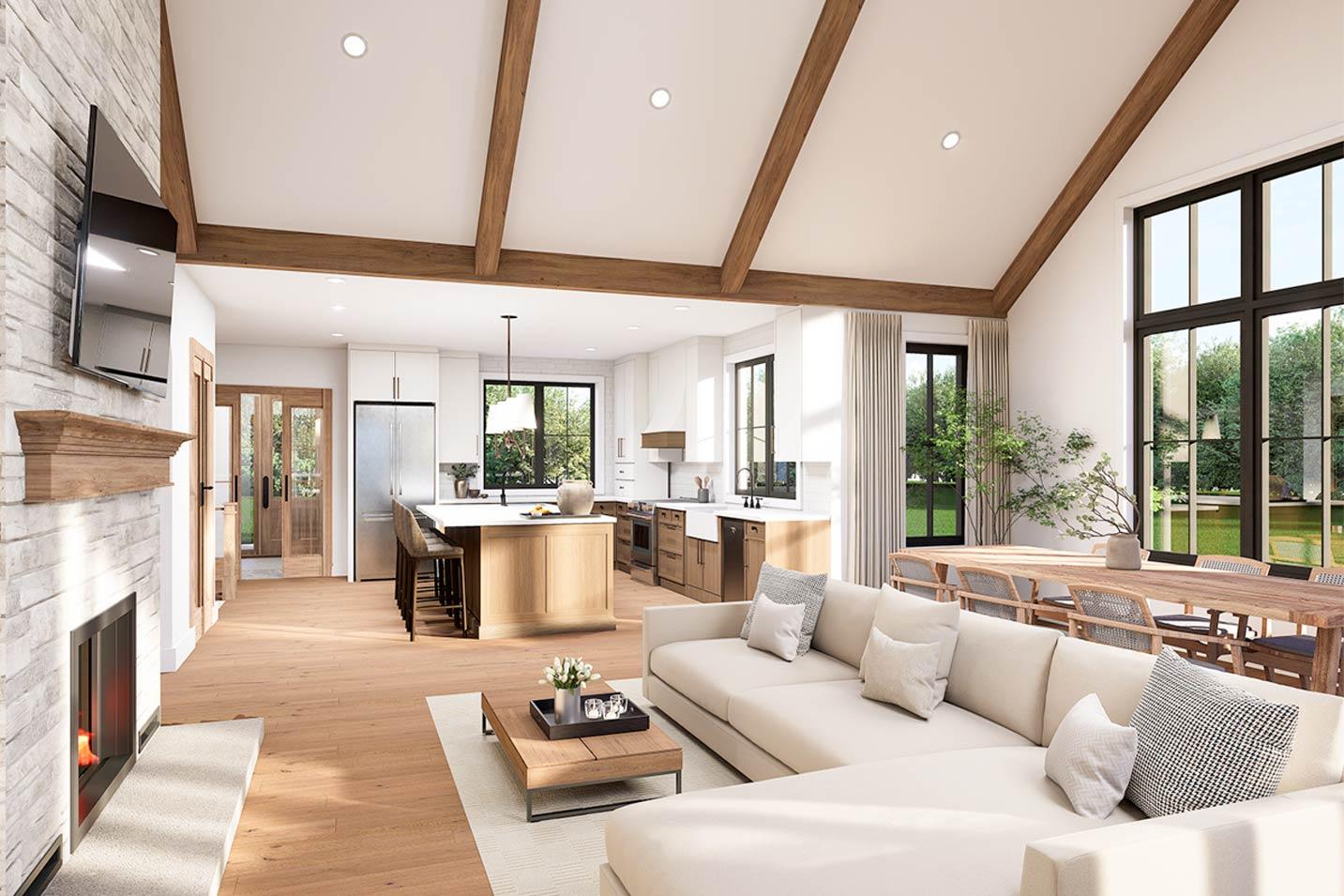 Interior rendering of an open-concept living area with vaulted beamed ceiling, stone fireplace, large island kitchen, and dining space.