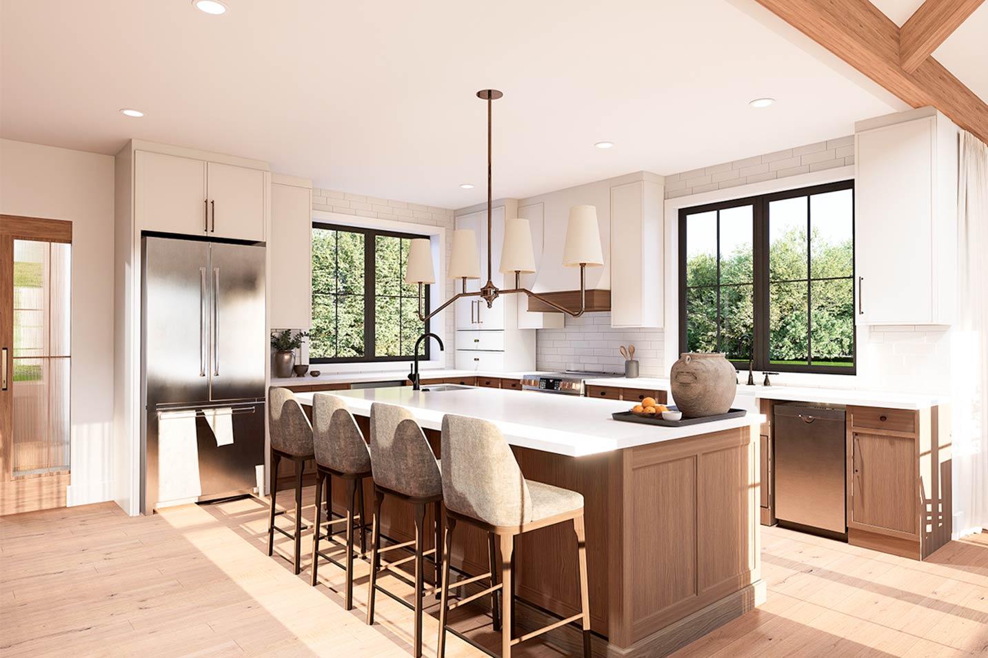 Kitchen interior rendering with white cabinets, a large island with seating, stainless steel appliances, and wood ceiling beams.
